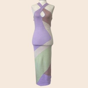 Lavender and Mint Colorblock Retro Knit Midi Halter Dress Size 0 NWT
